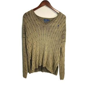 Polo Ralph Lauren Women’s V-neck Cable Knit Sweater Pullover Green Gold Size XS